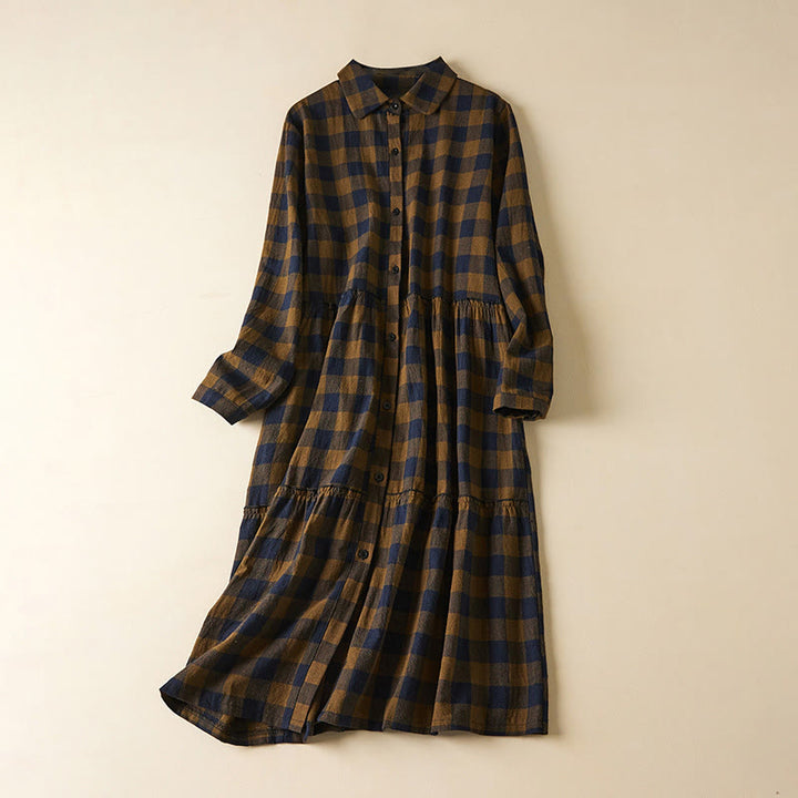 Buddha Stonesのコントラストカラーのチェック柄ボタンデザインコットンリネンの長袖ミディドレス（ポケット付き） - ダークゴールデンロッド - US8-10，UK/AU12-14，EU40-42 (2XL) - image 0