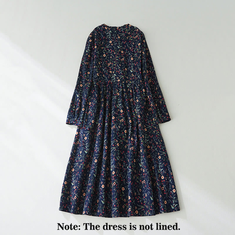 Buddha Stonesエスニックプリント 花柄 レースアップデザイン 長袖 コットンリネン ミディドレス - image 1