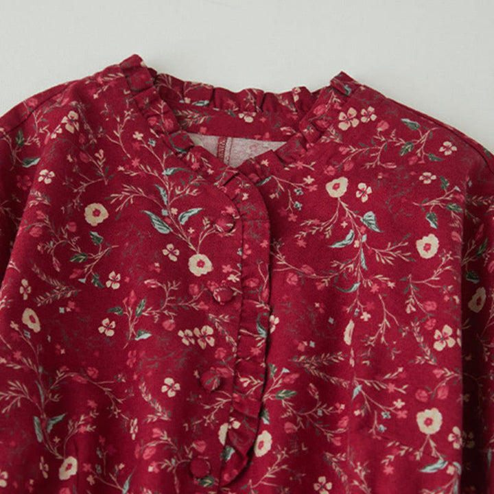 Buddha Stonesエスニックプリント 花柄 レースアップデザイン 長袖 コットンリネン ミディドレス - image 10