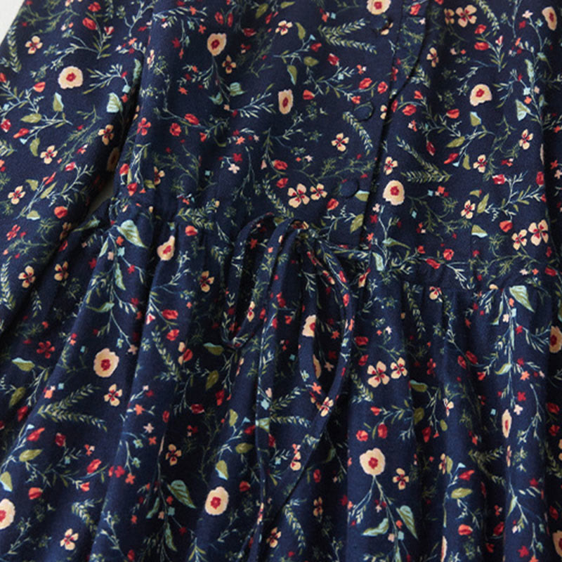 Buddha Stonesエスニックプリント 花柄 レースアップデザイン 長袖 コットンリネン ミディドレス - image 4