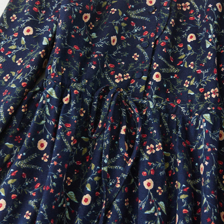 Buddha Stonesエスニックプリント 花柄 レースアップデザイン 長袖 コットンリネン ミディドレス - image 4