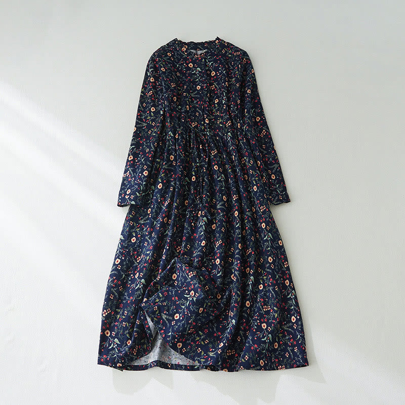 Buddha Stonesエスニックプリント 花柄 レースアップデザイン 長袖 コットンリネン ミディドレス - ミッドナイトブルー - US8-10，UK/AU12-14，EU40-42 (2XL) - image 0