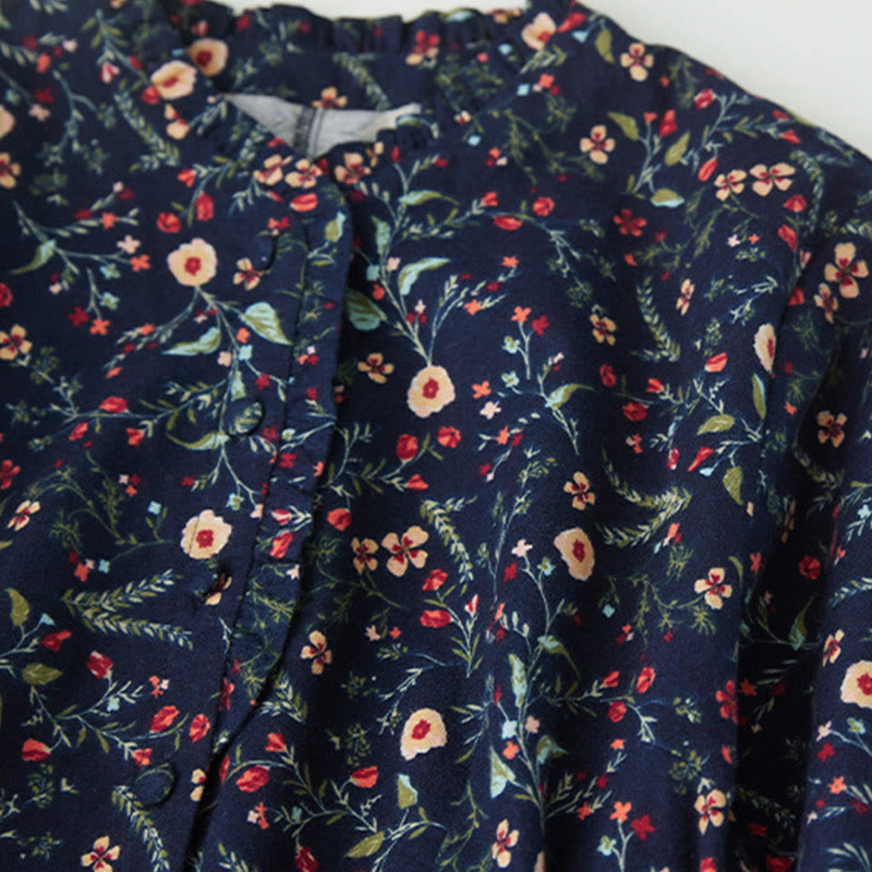 Buddha Stonesエスニックプリント 花柄 レースアップデザイン 長袖 コットンリネン ミディドレス - image 3