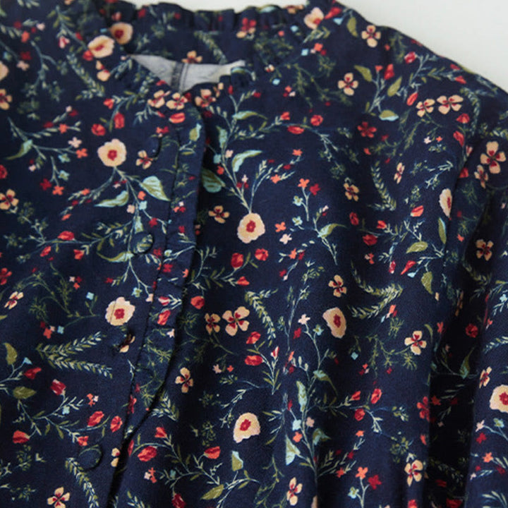 Buddha Stonesエスニックプリント 花柄 レースアップデザイン 長袖 コットンリネン ミディドレス - image 3