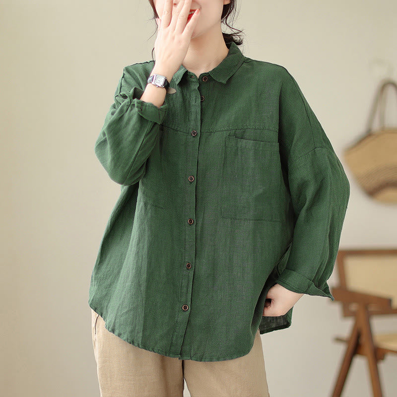 Buddha Stonesカジュアル 無地 レディース コットンリネン 長袖シャツ - シーグリーン - US14、 UK/AU18、 EU46 (2XL) - image 1