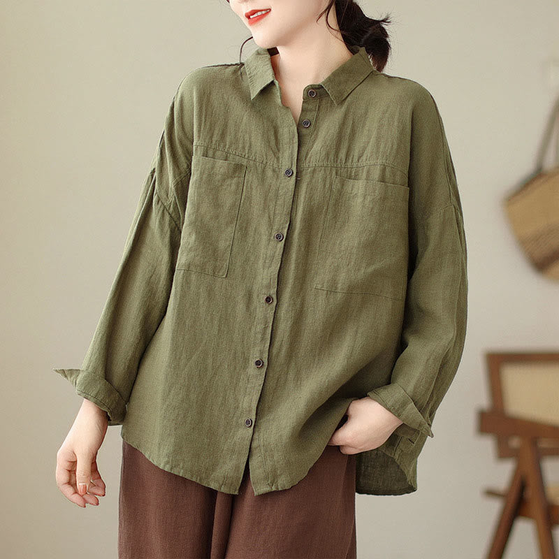 Buddha Stonesカジュアル 無地 レディース コットンリネン 長袖シャツ - ダークカーキ - US14、 UK/AU18、 EU46 (2XL) - image 17
