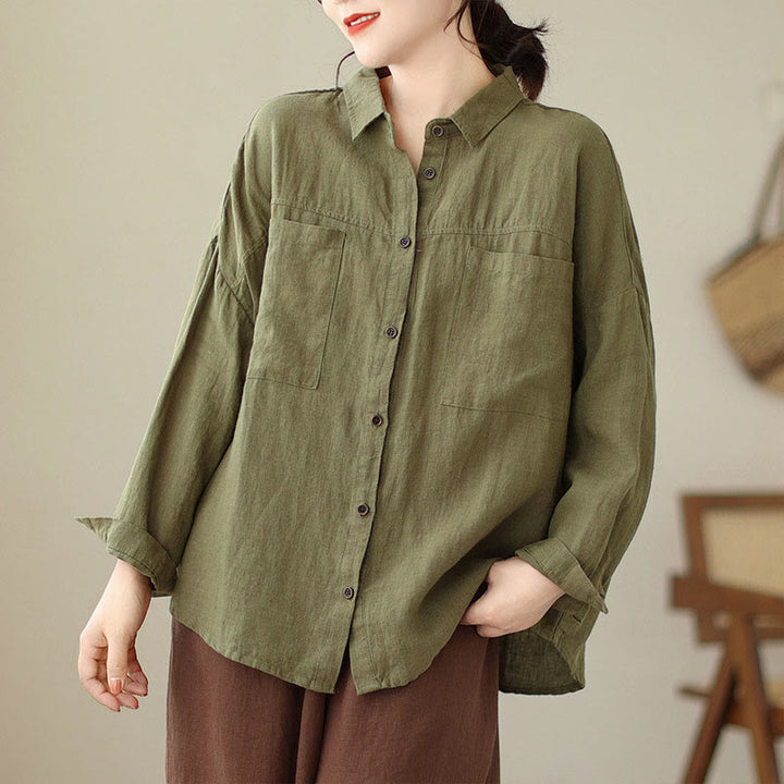 Buddha Stonesカジュアル 無地 レディース コットンリネン 長袖シャツ - ダークカーキ - US14、 UK/AU18、 EU46 (2XL) - image 17