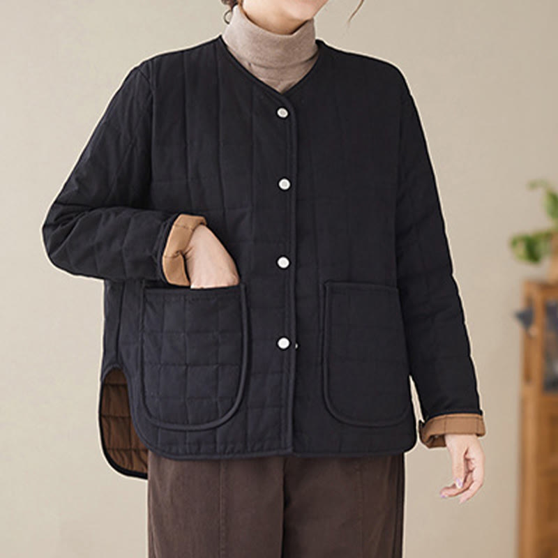 Buddha Stonesレトロ 無地 レディース 厚手コットン 長袖コート ジャケット ポケット付き - 黒 - US14、 UK/AU18、 EU46 (2XL) - image 1