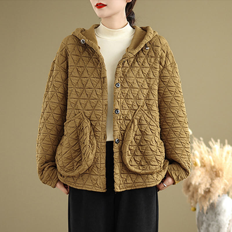 Buddha Stonesレトロ菱形柄レディースアクリルフード付き長袖ジャケット - image 5