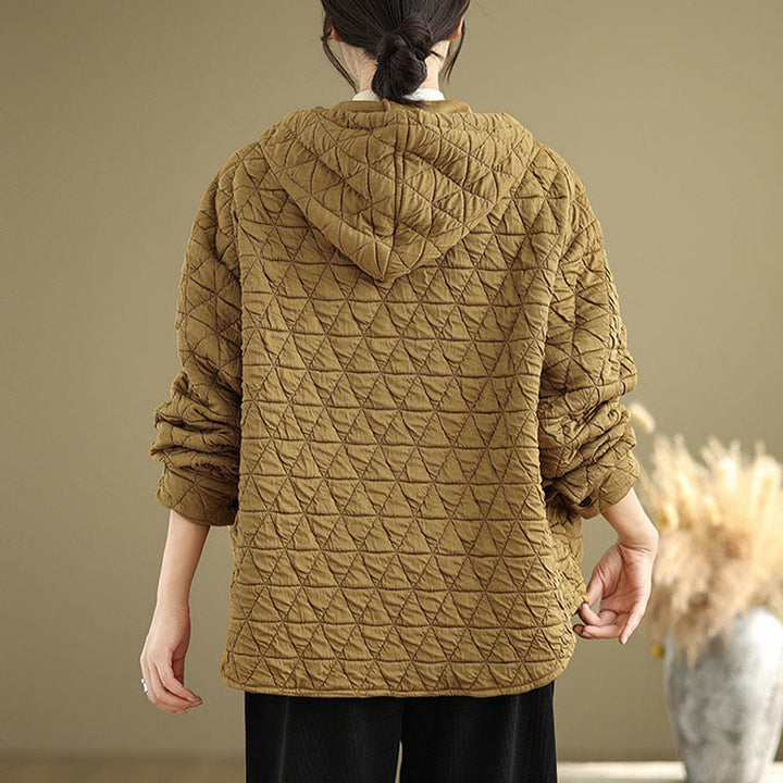 Buddha Stonesレトロ菱形柄レディースアクリルフード付き長袖ジャケット - image 6