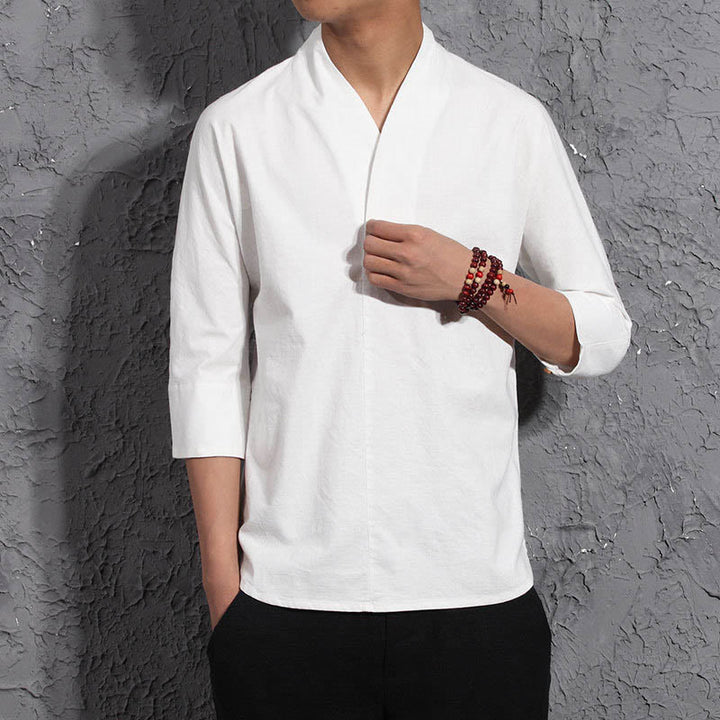 Buddha Stonesカジュアル Vネック 七分袖シャツ コットン メンズ 服 - image 4