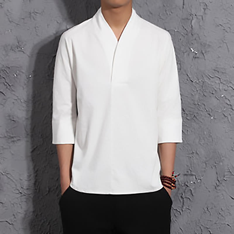 Buddha Stonesカジュアル Vネック 七分袖シャツ コットン メンズ 服 - 白 - US/UK/AU44、EU54（5XL） - image 2