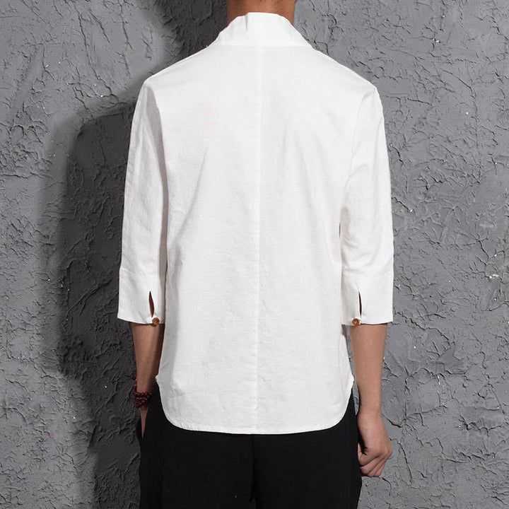 Buddha Stonesカジュアル Vネック 七分袖シャツ コットン メンズ 服 - image 3