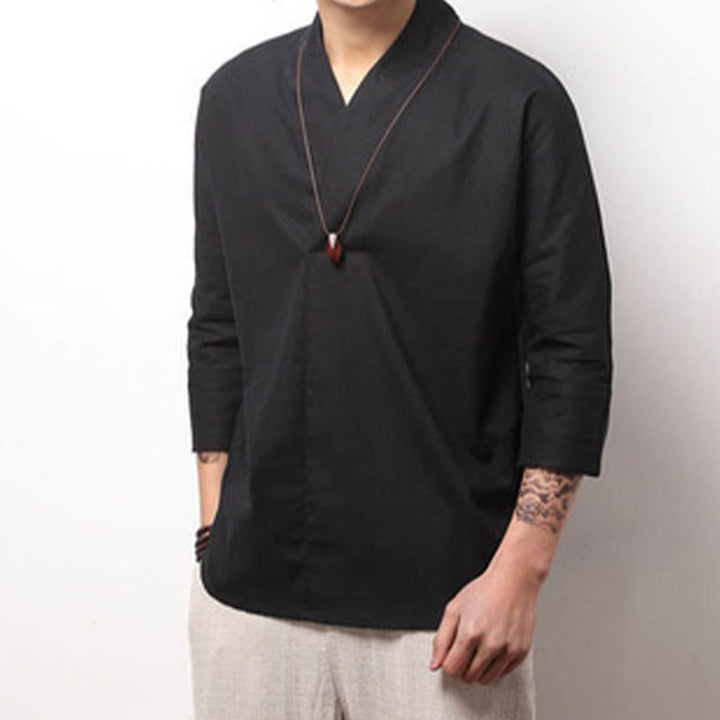 Buddha Stonesカジュアル Vネック 七分袖シャツ コットン メンズ 服 - image 7