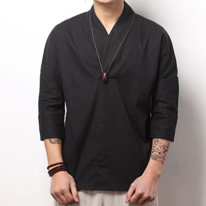 Buddha Stonesカジュアル Vネック 七分袖シャツ コットン メンズ 服 - 黒 - US/UK/AU44、EU54（5XL） - image 6