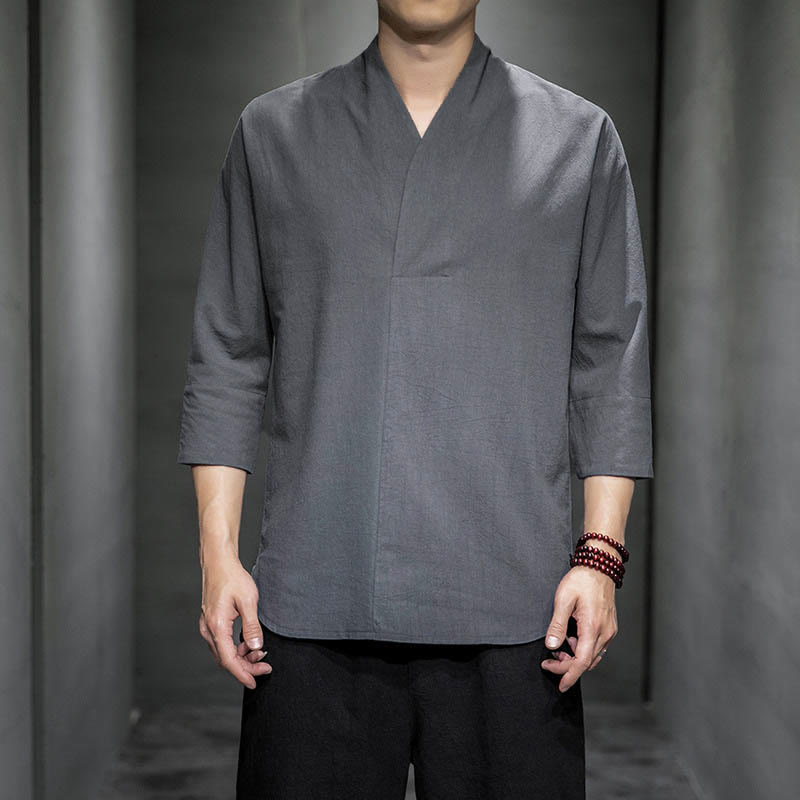 Buddha Stonesカジュアル Vネック 七分袖シャツ メンズ 服 - グレー - US/UK/AU44、EU54（5XL） - image 4