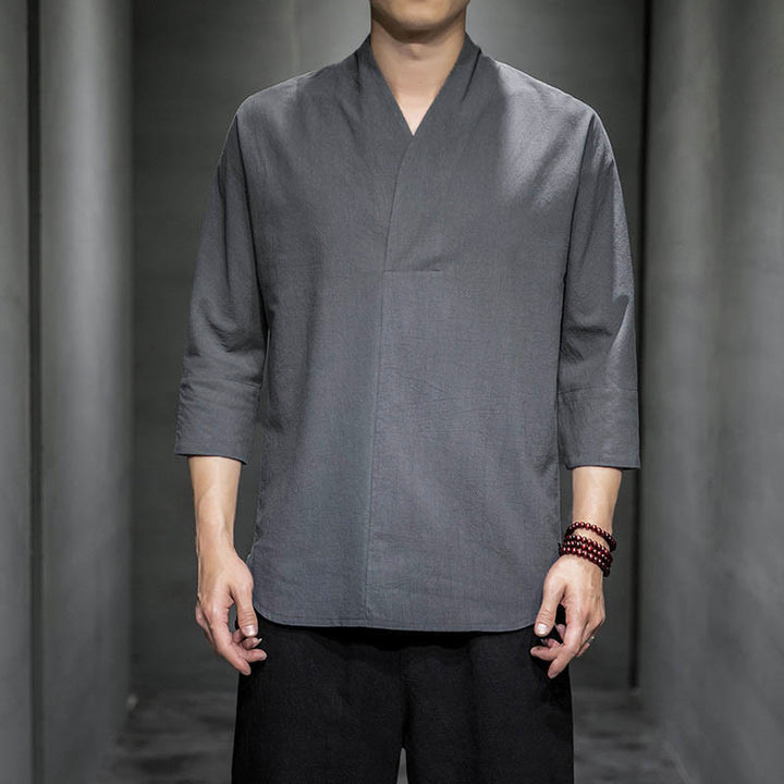 Buddha Stonesカジュアル Vネック 七分袖シャツ メンズ 服 - グレー - US/UK/AU44、EU54（5XL） - image 4