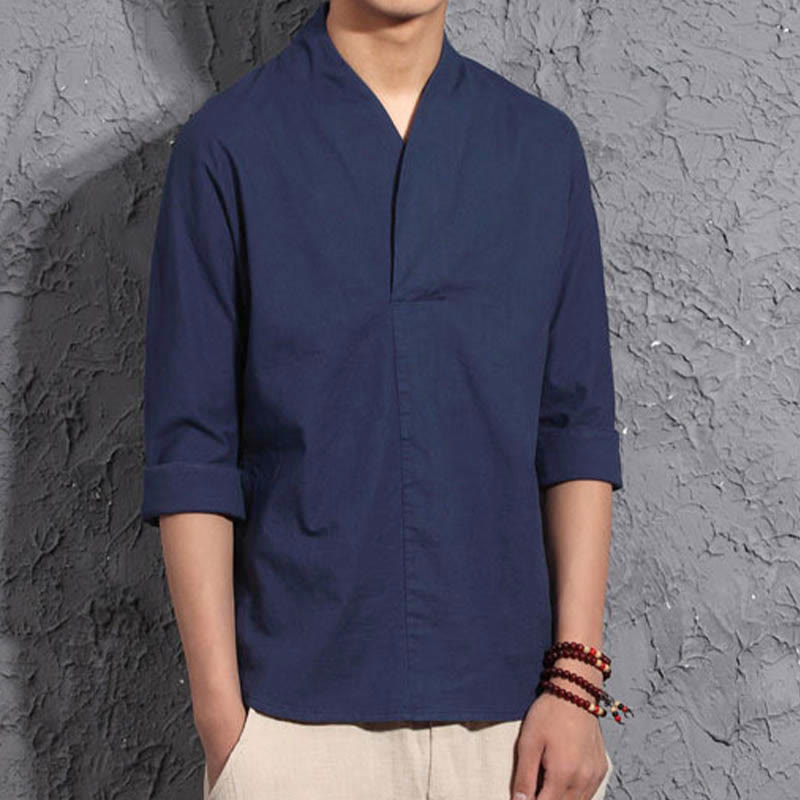 Buddha Stonesカジュアル Vネック 七分袖シャツ コットン メンズ 服 - image 10