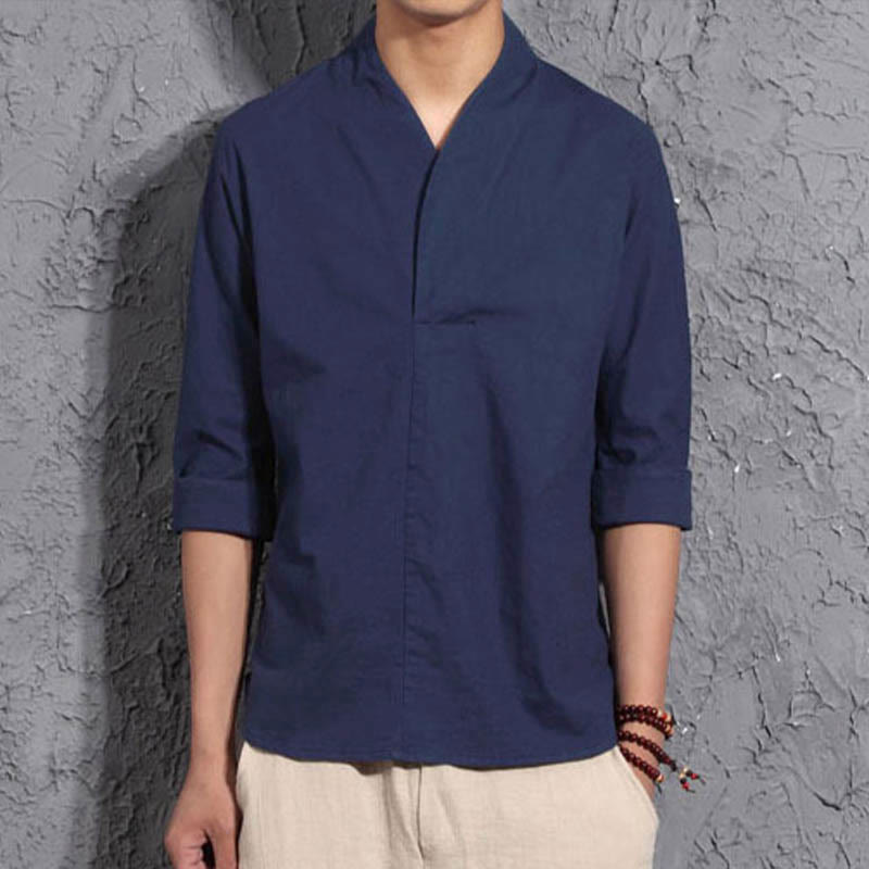 Buddha Stonesカジュアル Vネック 七分袖シャツ コットン メンズ 服 - スティールブルー - US/UK/AU44、EU54（5XL） - image 8