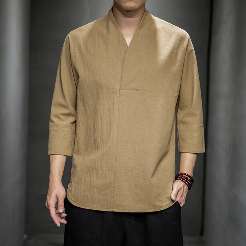 Buddha Stonesカジュアル Vネック 七分袖シャツ コットン メンズ 服 - バーリーウッド - US/UK/AU44、EU54（5XL） - image 1