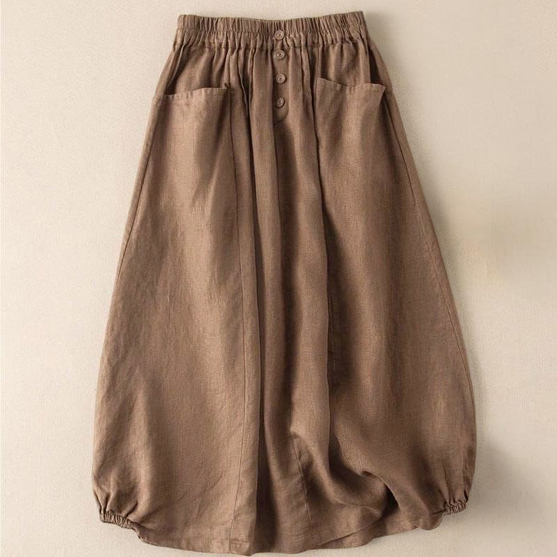 Buddha Stones夏 無地 ボタン 伸縮性ウエスト 7-8丈 レディース スカート ポケット付き - image 3