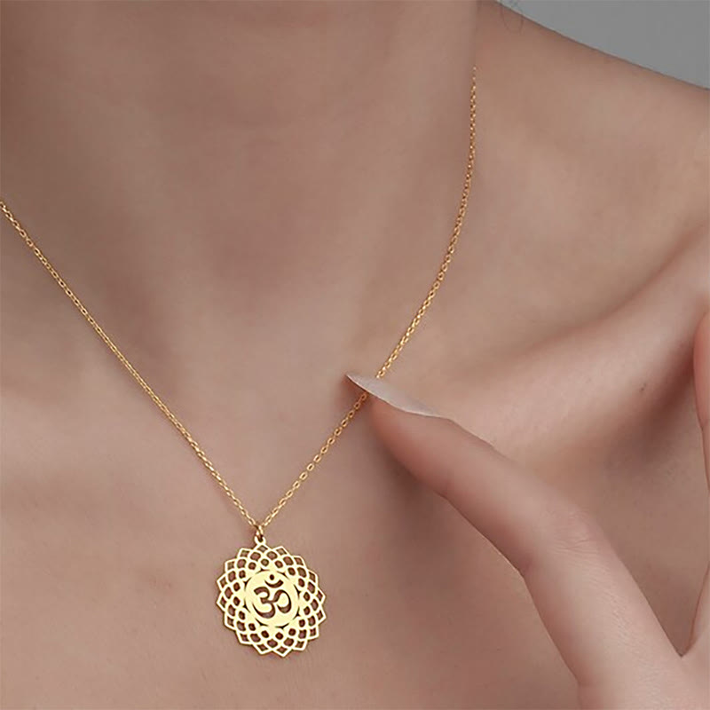 Buddha Stones中空蓮華デザイン Omシンボル ステンレススチール コネクションネックレス ペンダント - image 4