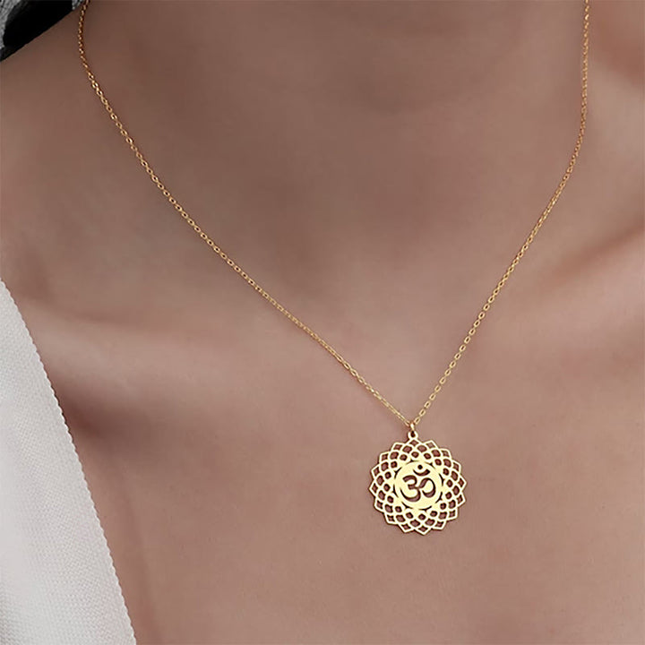 Buddha Stones中空蓮華デザイン Omシンボル ステンレススチール コネクションネックレス ペンダント - image 5
