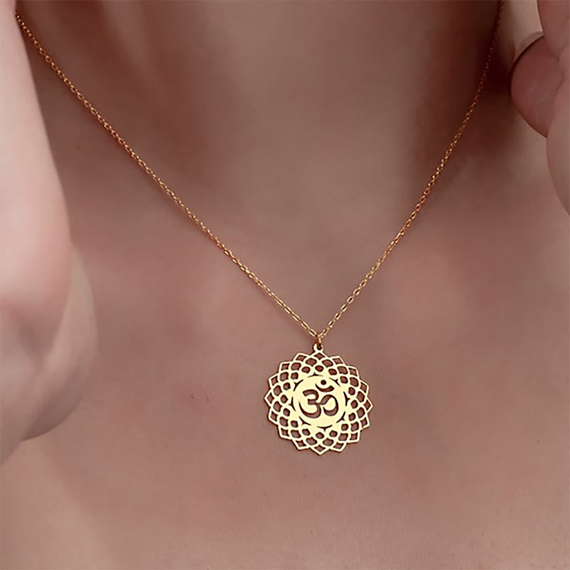 Buddha Stones中空蓮華デザイン Omシンボル ステンレススチール コネクションネックレス ペンダント - image 3