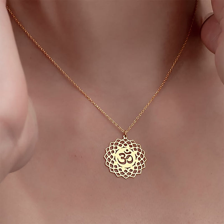 Buddha Stones中空蓮華デザイン Omシンボル ステンレススチール コネクションネックレス ペンダント - image 3