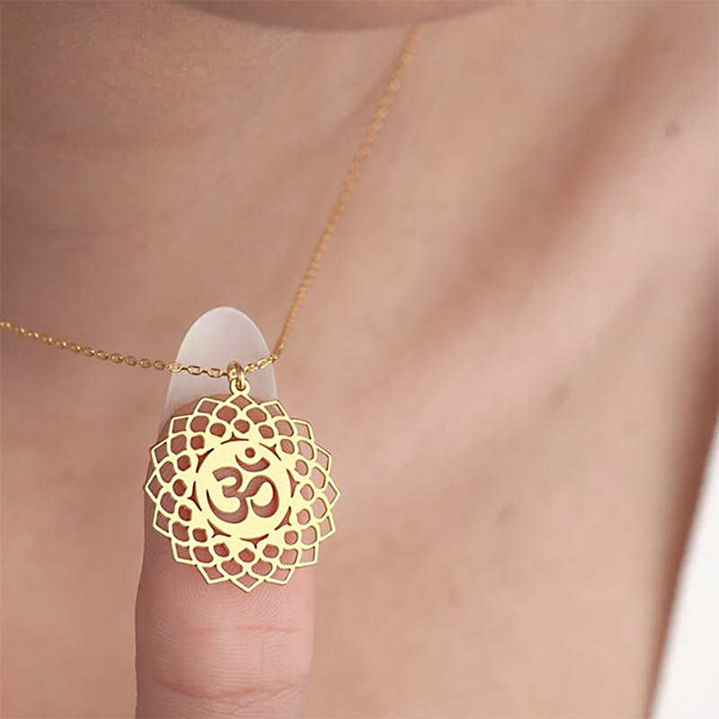 Buddha Stones中空蓮華デザイン Omシンボル ステンレススチール コネクションネックレス ペンダント - image 2