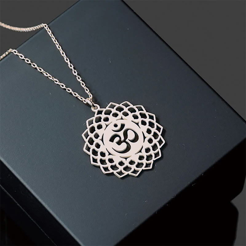 Buddha Stones中空蓮華デザイン Omシンボル ステンレススチール コネクションネックレス ペンダント - 銀 - image 11