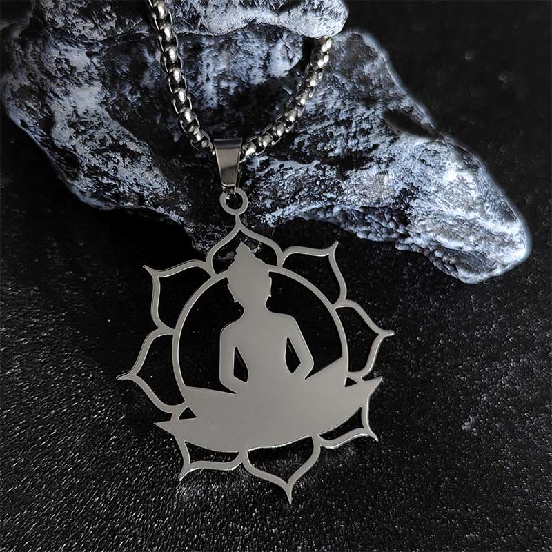 Buddha Stonesヴィンテージ 蓮仏座像デザイン ステンレススチール 悟りのネックレスペンダント - 銀 - image 7