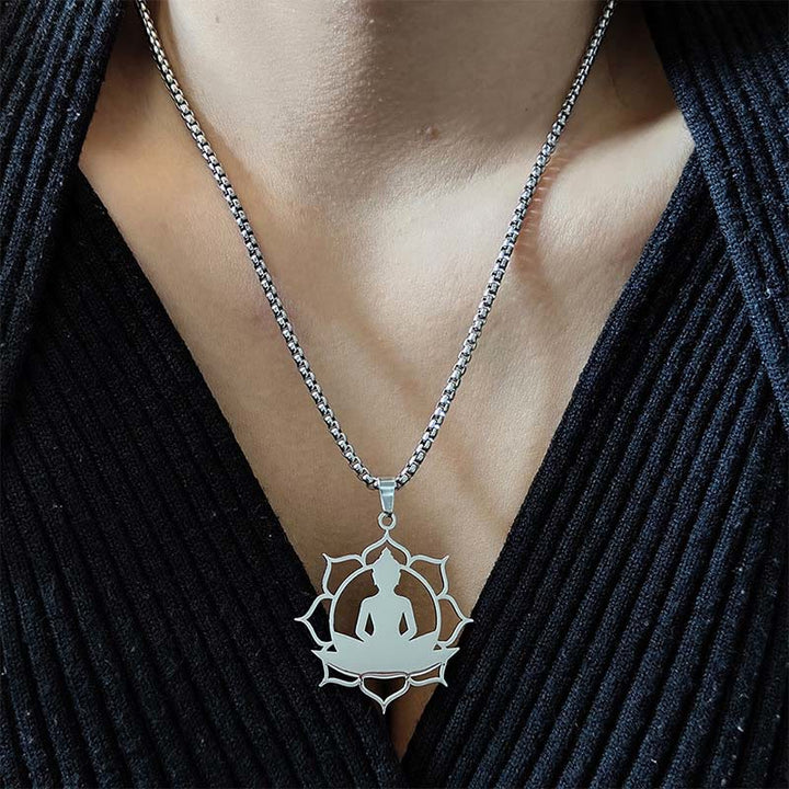 Buddha Stonesヴィンテージ 蓮仏座像デザイン ステンレススチール 悟りのネックレスペンダント - image 9