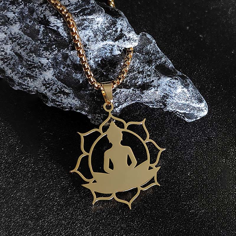 Buddha Stonesヴィンテージ 蓮仏座像デザイン ステンレススチール 悟りのネックレスペンダント - image 2