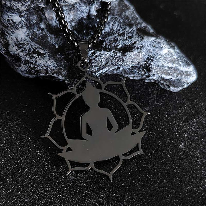 Buddha Stonesヴィンテージ 蓮仏座像デザイン ステンレススチール 悟りのネックレスペンダント - 黒 - image 11