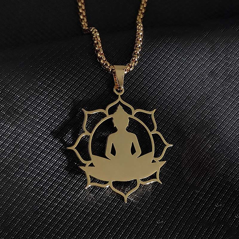 Buddha Stonesヴィンテージ 蓮仏座像デザイン ステンレススチール 悟りのネックレスペンダント - image 3
