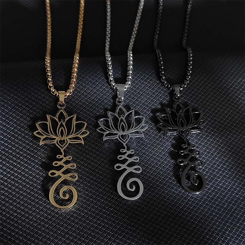 Buddha Stonesチャクラシンボル 不規則デザイン 蓮 ステンレススチール 悟りのネックレスペンダント - image 1