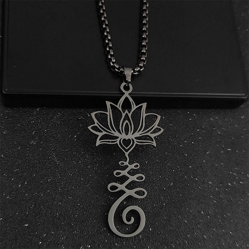 Buddha Stonesチャクラシンボル 不規則デザイン 蓮 ステンレススチール 悟りのネックレスペンダント - 黒 - image 8