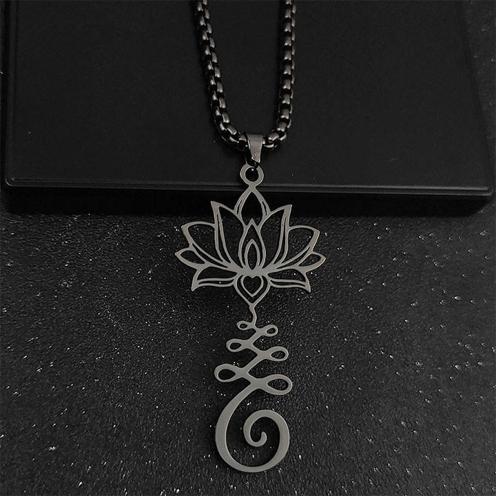 Buddha Stonesチャクラシンボル 不規則デザイン 蓮 ステンレススチール 悟りのネックレスペンダント - 黒 - image 8