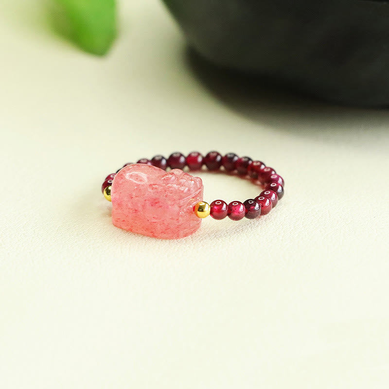 Buddha StonesガーネットビーズストロベリークォーツPiXiu守護リング - image 4