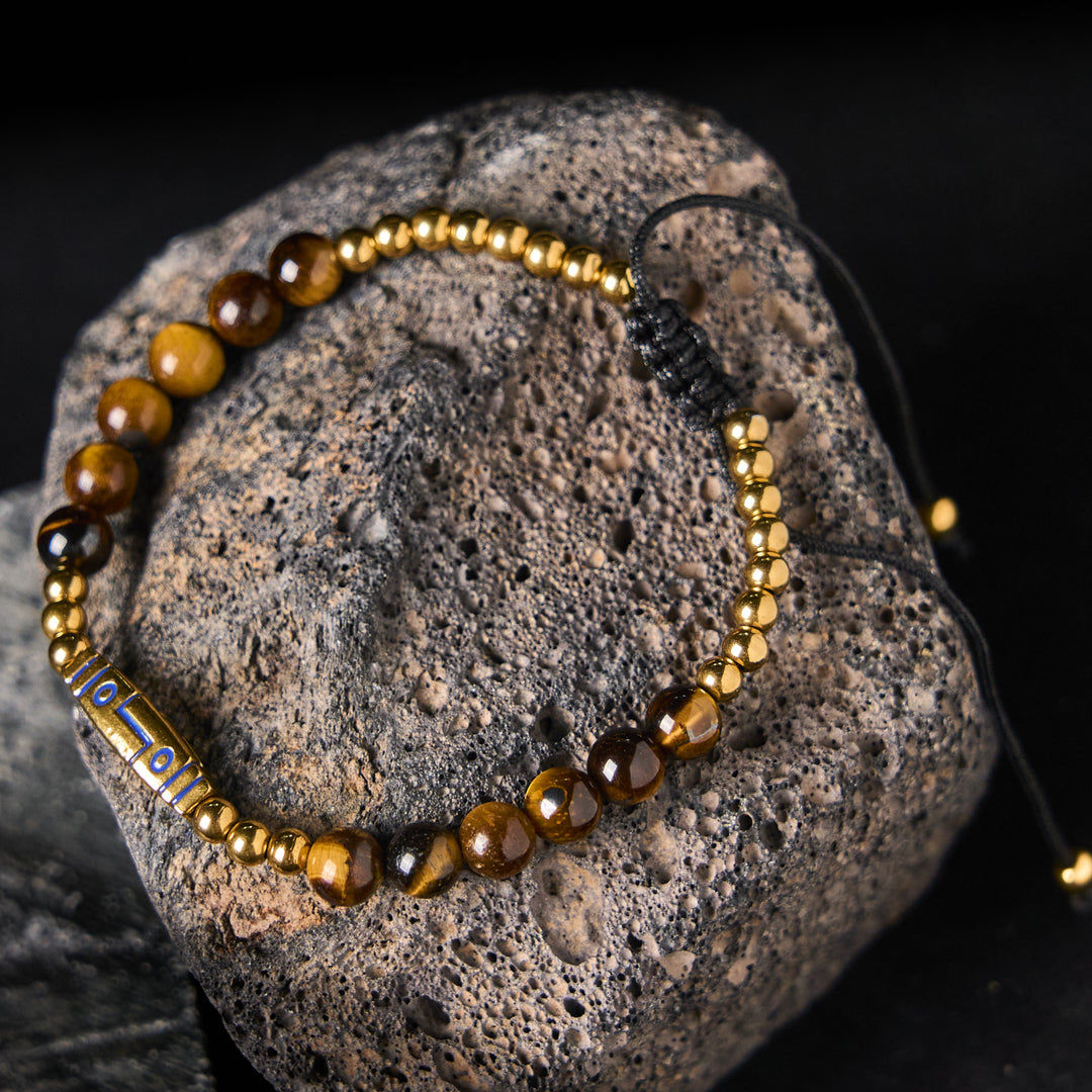 Buddha Stonesかわいい骨模様 タイガーアイ 勇気ビーズブレスレット - イエロータイガーアイ＆チタンスチール（手首周り：15～21cm） - image 1