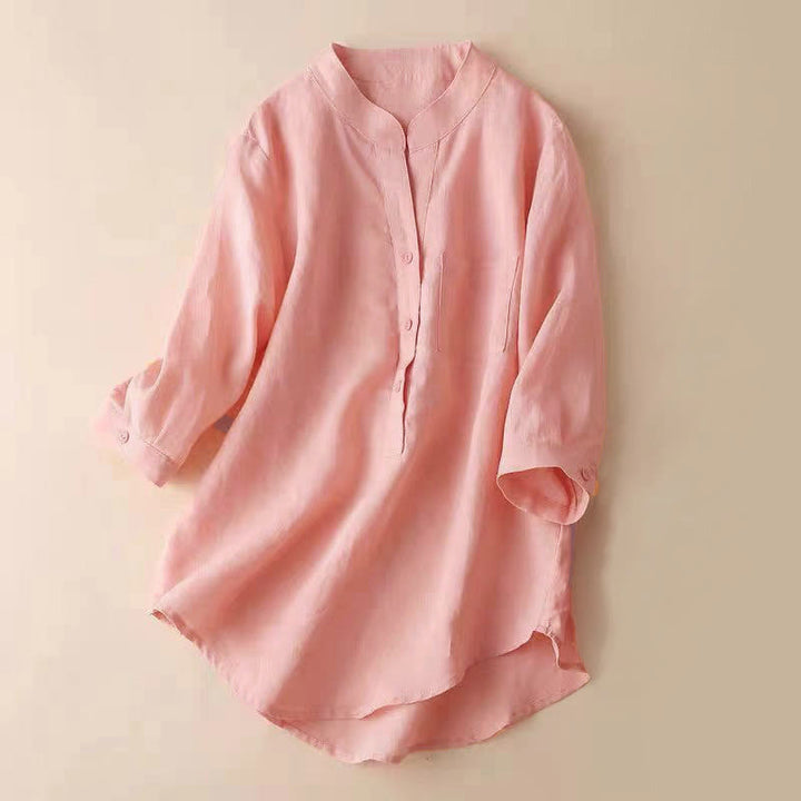 Buddha Stonesカジュアル レディース Vネック 七分袖 デザイン 無地 コットン リネン シャツ - 	鮭 - US12、 UK/AU16、 EU44 (3XL) - image 13