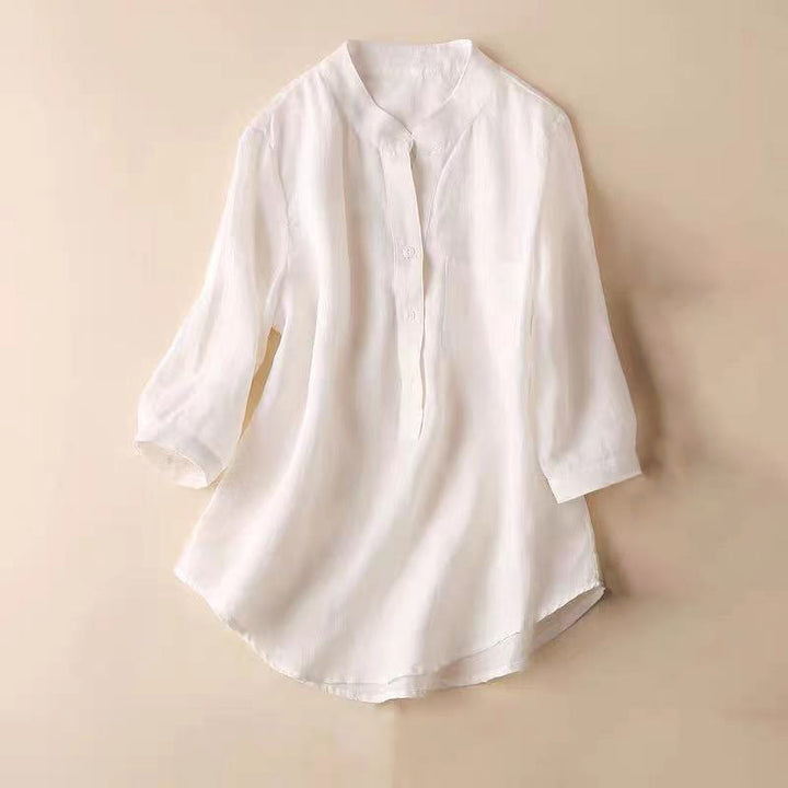 Buddha Stonesカジュアル レディース Vネック 七分袖 デザイン 無地 コットン リネン シャツ - 白 - US12、 UK/AU16、 EU44 (3XL) - image 8