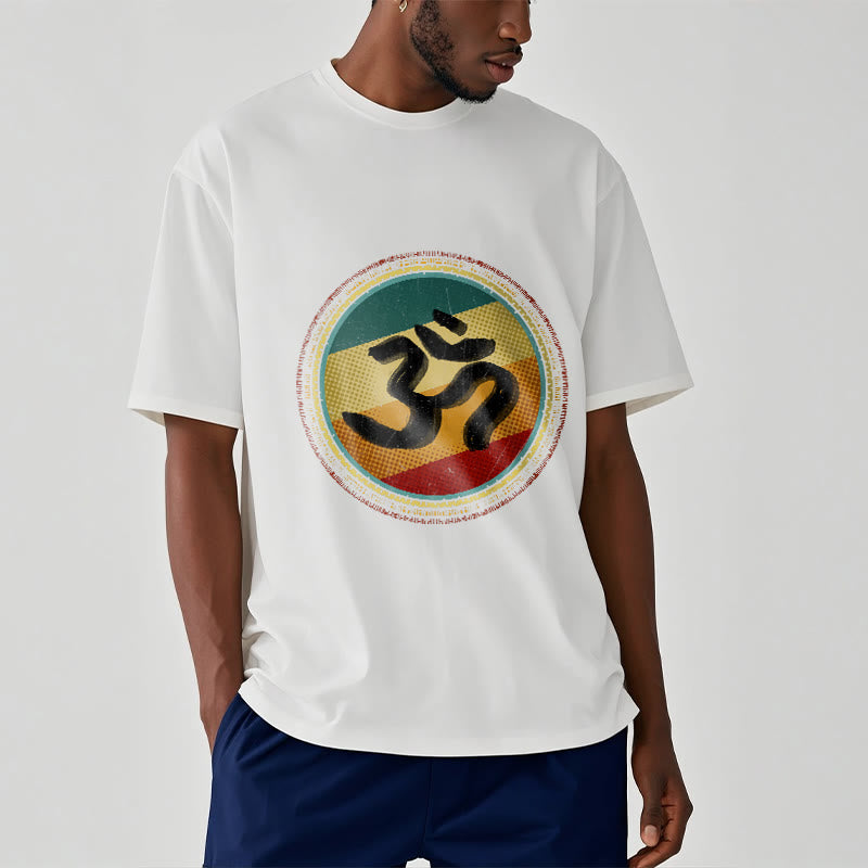 Buddha Stonesの鮮やかな色彩のシンプルな円形マンダラ柄オームシンボルTシャツコットンTシャツ - image 2