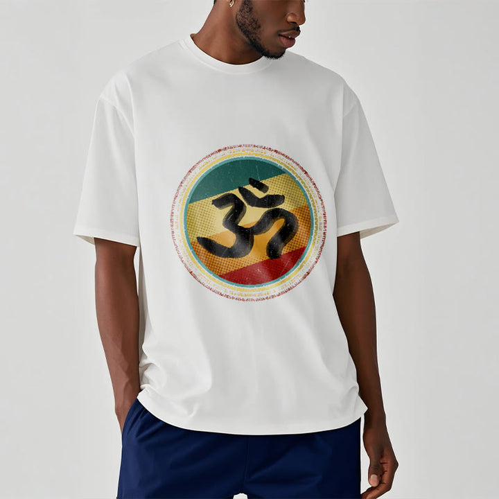 Buddha Stonesの鮮やかな色彩のシンプルな円形マンダラ柄オームシンボルTシャツコットンTシャツ - image 2