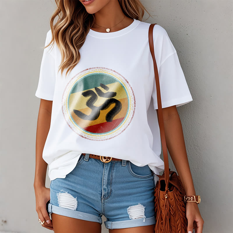 Buddha Stonesの鮮やかな色彩のシンプルな円形マンダラ柄オームシンボルTシャツコットンTシャツ - image 3