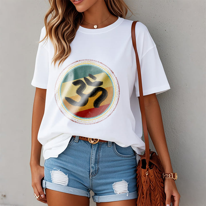 Buddha Stonesの鮮やかな色彩のシンプルな円形マンダラ柄オームシンボルTシャツコットンTシャツ - image 3