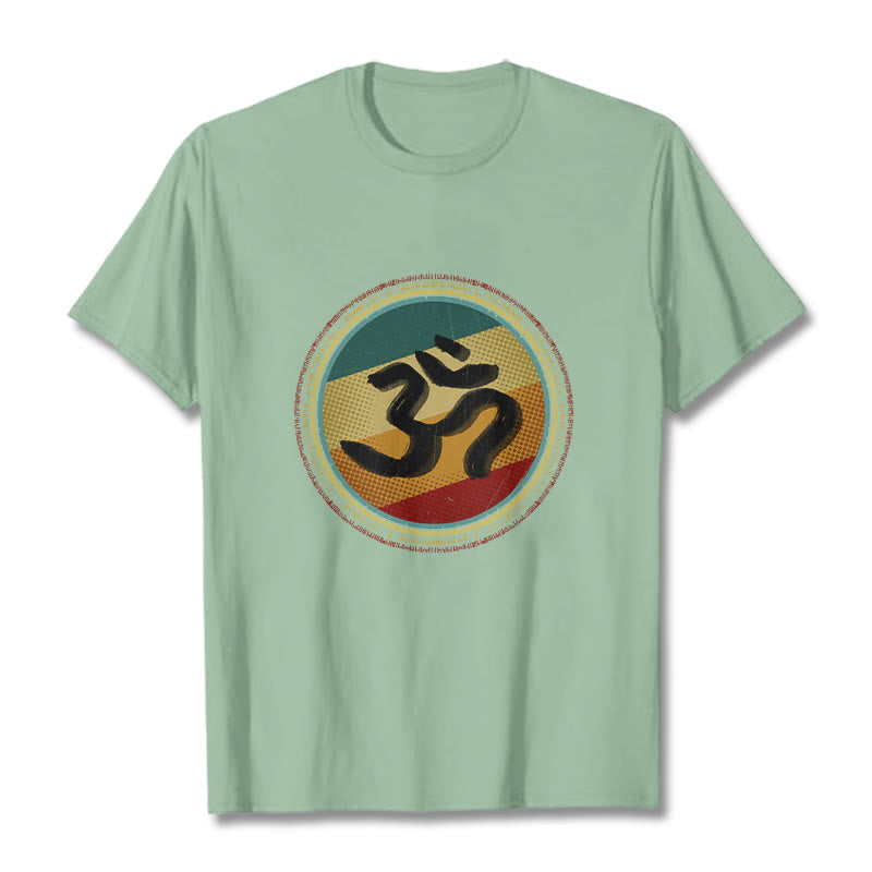 Buddha Stonesの鮮やかな色彩のシンプルな円形マンダラ柄オームシンボルTシャツコットンTシャツ - ペールグリーン - 2XL - image 15