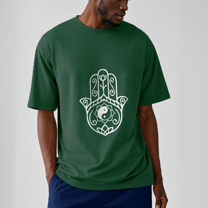 Buddha Stonesハムサハンド陰陽柄TシャツコットンTシャツ - image 2