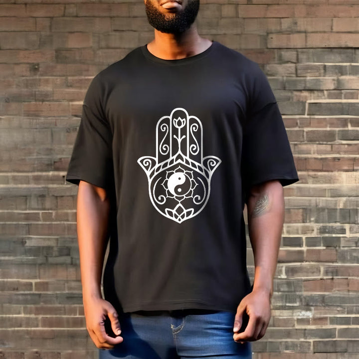 Buddha Stonesハムサハンド陰陽柄TシャツコットンTシャツ - image 6